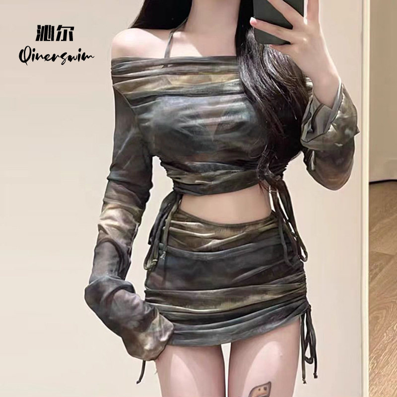 比基尼泳衣女款分体长袖四件套防晒泳装显瘦遮肚ins风泡温泉泳衣