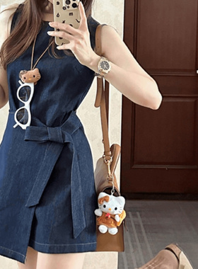 复古深蓝色无袖圆领收腰牛仔连衣裙女夏季新款设计感小众背心短裙