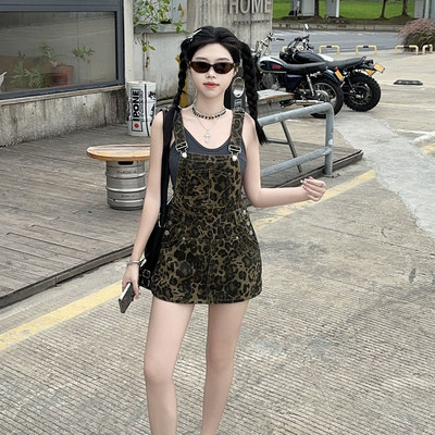 辣妹豹纹A字牛仔背带连衣裙女