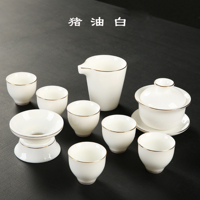 猪油白茶具套装 德化纯白整套陶瓷套组 描金功夫茶具定制