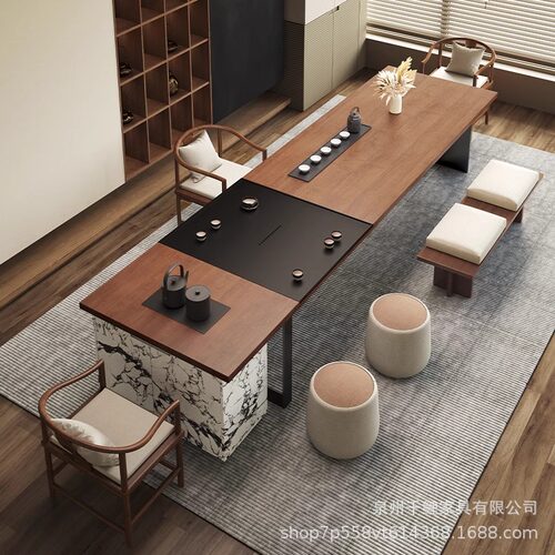 老板办公室酒店大板实木岛台茶桌烧水壶一体嵌入式新中式茶室