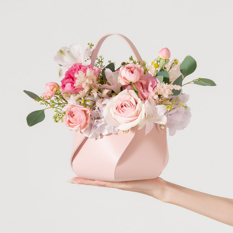 现货新款北欧风皮革花篮 情人节花篮手提袋 节日伴手礼手提篮
