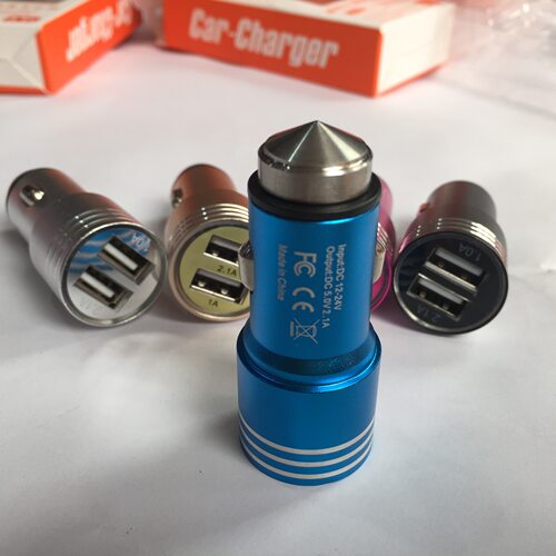 安全锤金属铝头车载充电器3.1A双USB点烟器电源一拖二通用汽车充