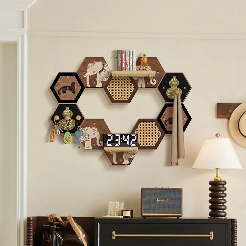 中古风实木洞洞板置物架