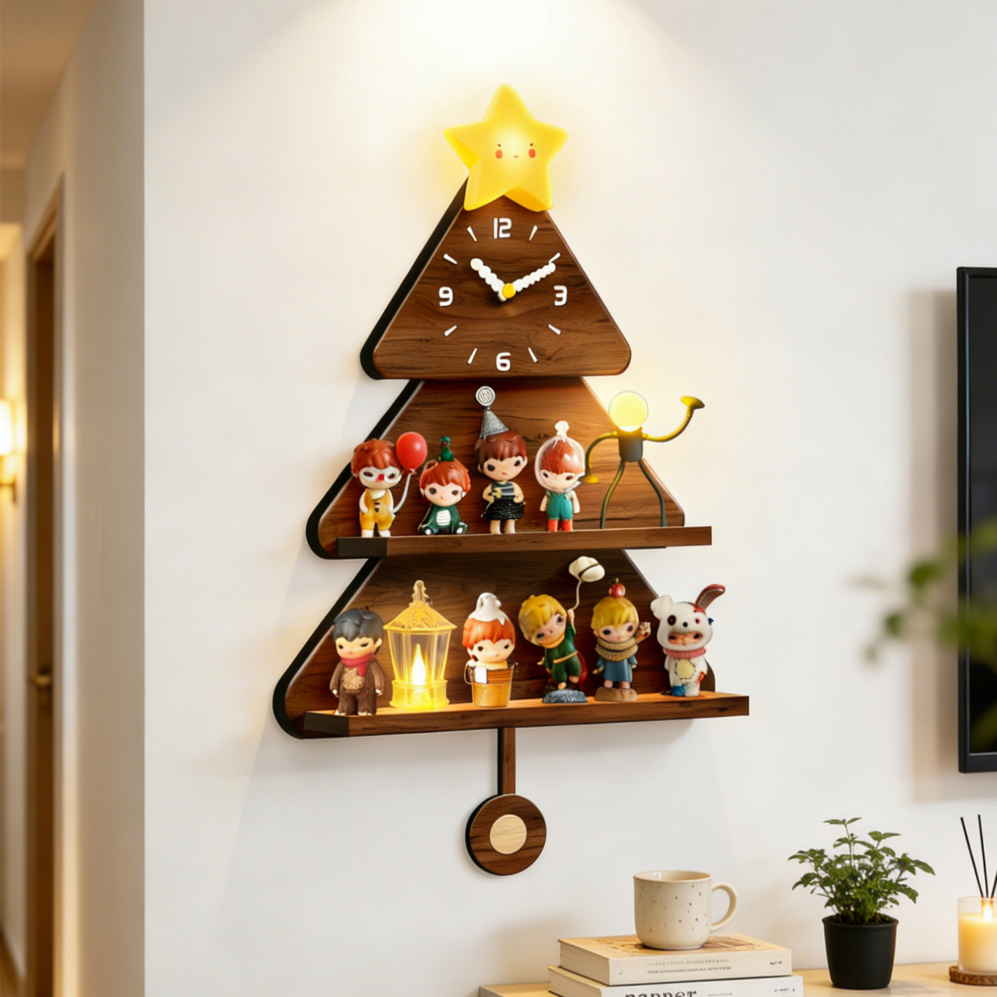 星星人盲盒收纳钟表挂钟客厅装饰墙手办展示架带灯摆钟多层置物架