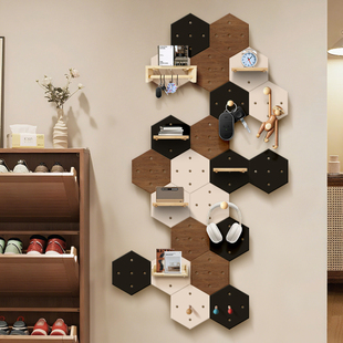 入户门后洞洞板置物架实木客厅玄关创意造型墙壁中古风简约收纳架