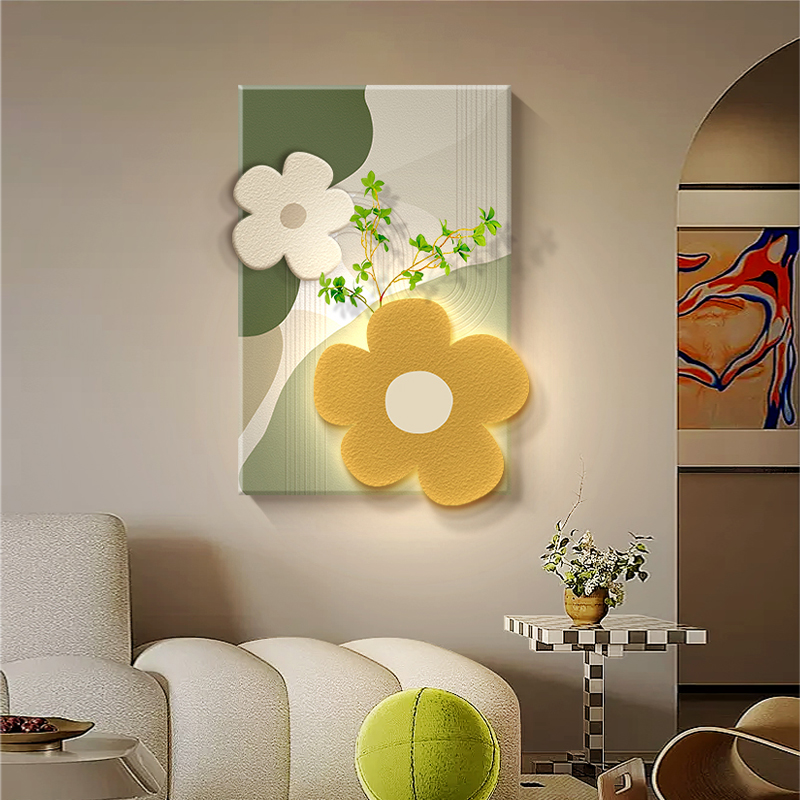 奶油风客厅装饰画立体高级感北欧沙发背景墙壁画发光绿植花卉挂画图片