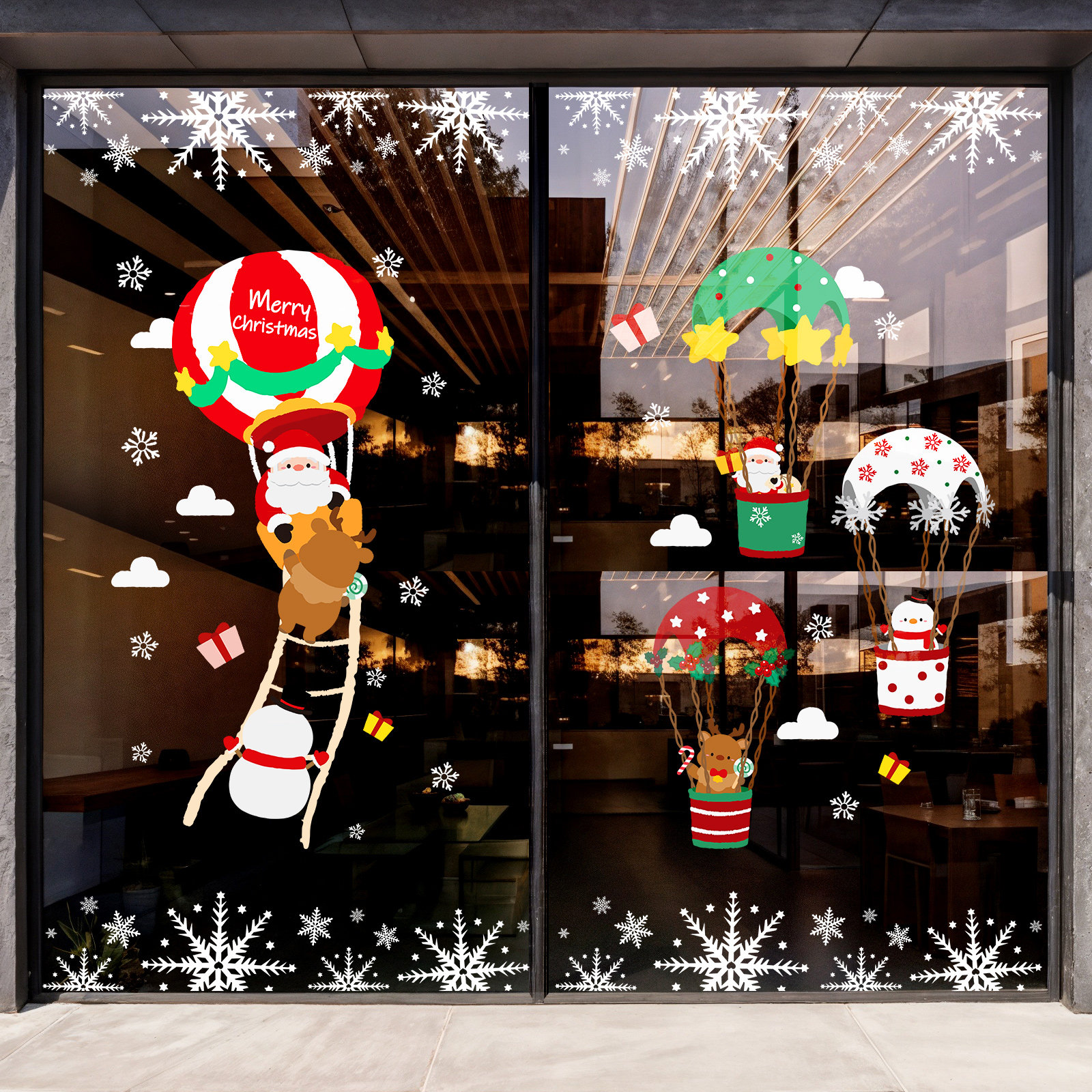 圣诞节装饰圣诞老人降落伞玻璃窗花玻璃门贴纸商场布置静电贴橱窗
