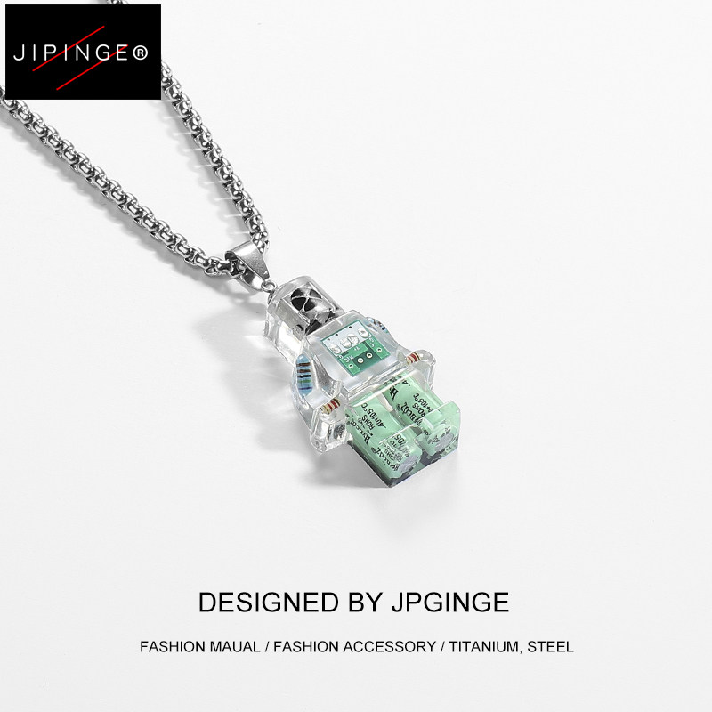 JIPINGE 齿轮透明零件机器人项链男欧美嘻哈朋克风吊坠毛衣链潮牌