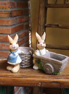 田园创意a树脂兔兔摆件乡村卡通小动物笔筒庭院多肉种植花绿植装
