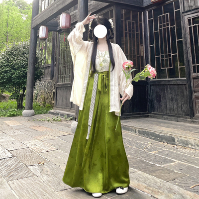 梦桑塔大码汉服新品唐制【绿烟纱】改良绿色提花破裙水墨晕染整套
