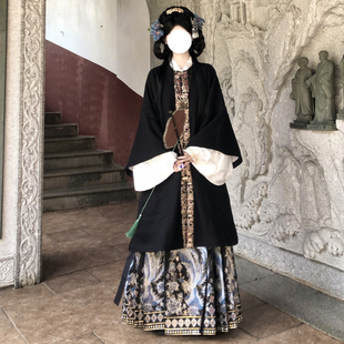 梦桑塔黑色毛呢对襟长袄加绒保暖日常汉服明制大码长款宽松版显瘦