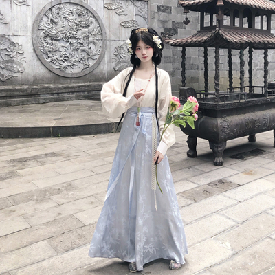 梦桑塔大码汉服唐天丝圆领外衫夏季改良日常通勤女一片式破裙蓝色