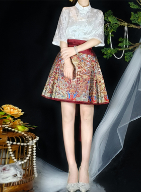 梦桑塔马面裙短裙改良款日常红色妆花新中式短马面织金明制汉元素