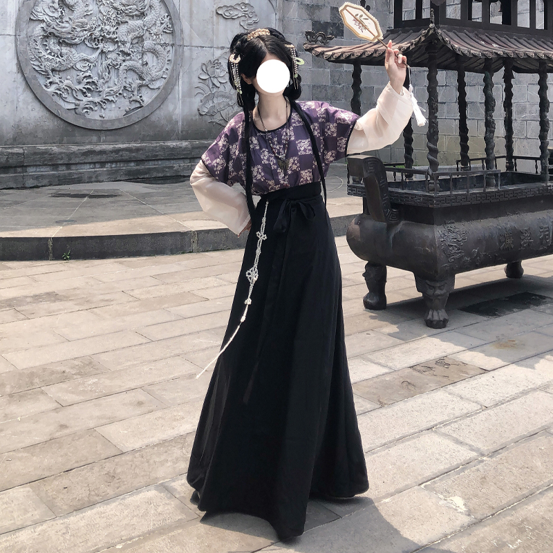 梦桑塔【有钱花】紫色新品大码汉服唐黑色日常新中式胖MM长裙破裙