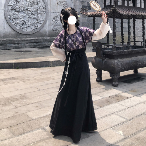 梦桑塔【有钱花】紫色新品大码汉服唐黑色日常新中式胖MM长裙破裙