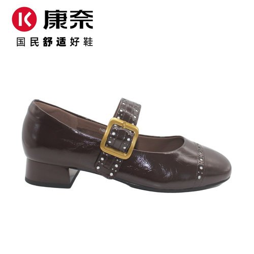 康奈新款浅口单鞋一字带玛丽珍鞋