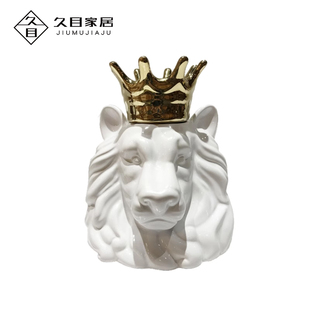 现代简约北欧风格金色皇冠狮子头摆件陶瓷储物罐样板房售楼处饰品