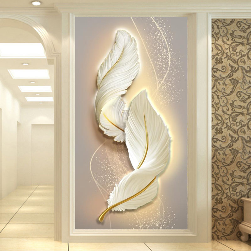 奶油风现代3D立体羽毛玄关壁纸壁画过道墙纸客厅背景墙简约8d墙布