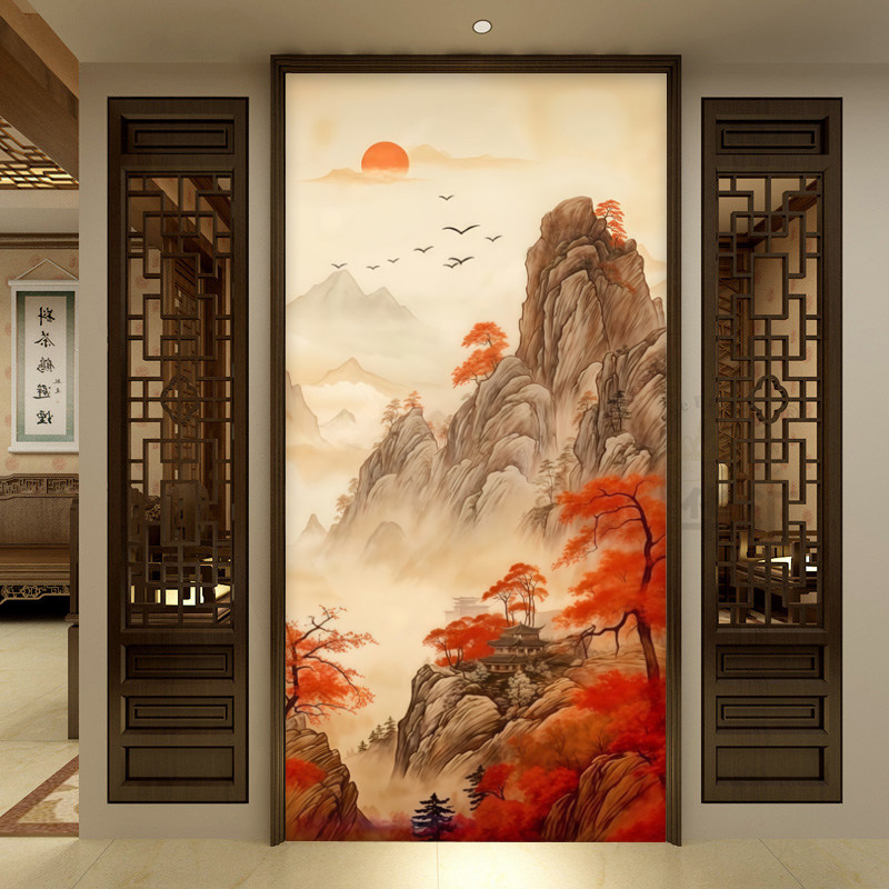 鸿运当头入户玄关壁纸新中式走廊过道墙布书房山水画餐厅防水壁布