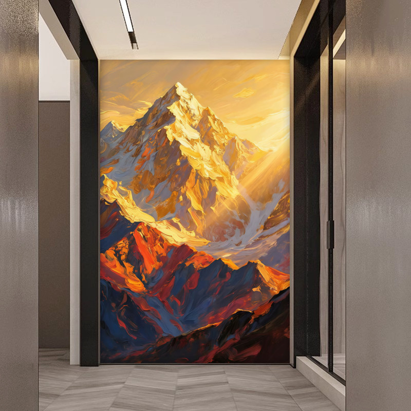 日照金山风景玄关进门墙壁纸3d立体走廊过道餐厅艺术西墙防潮墙布