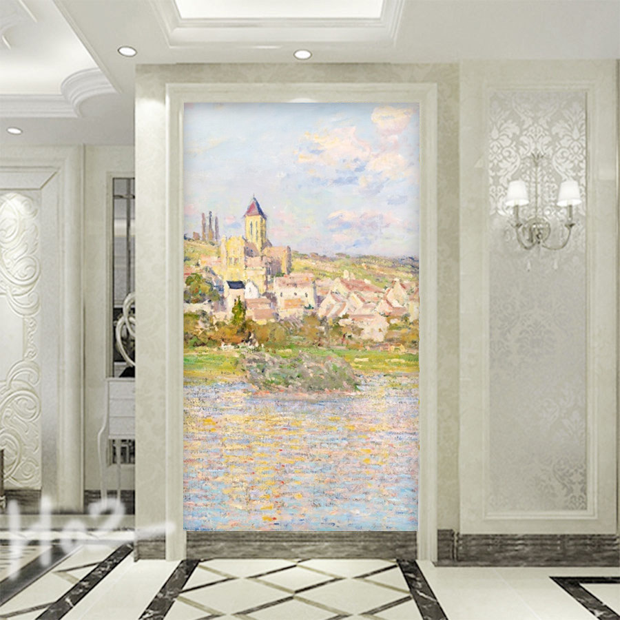 现代法式玄关壁布壁画餐厅背景墙布画弧形壁纸入户莫奈风艺术墙纸