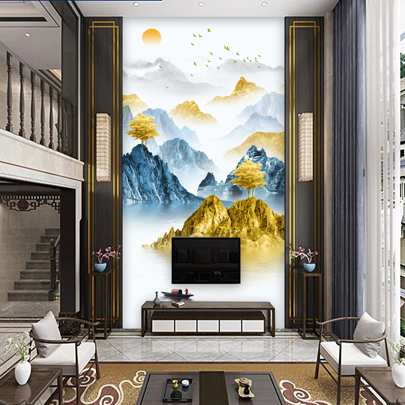 别墅挑高复式楼电视背景墙壁纸壁画客厅玄关大气山水影视墙布壁布