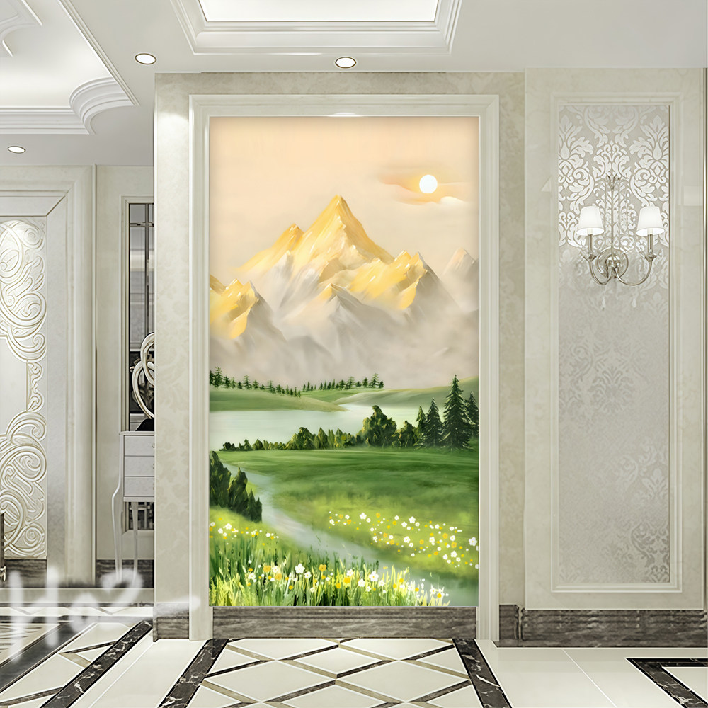 日照金山玄关壁画壁纸3d立体走廊过道竖版靠山图餐厅风景墙纸5d