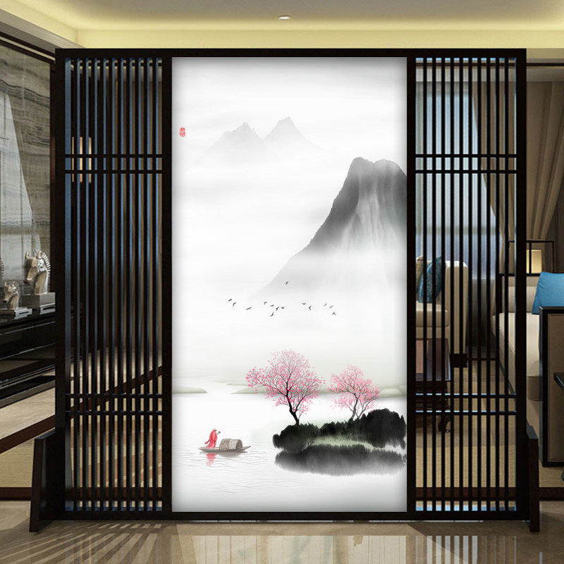 新中式轻奢玄关水墨壁纸山水画水墨墙纸壁画客厅沙发过道雅致墙布