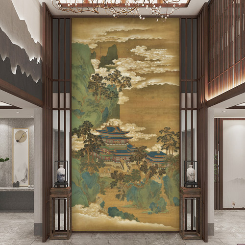 宋氏美学中式玄关壁纸入户走廊餐厅竖版复式楼梯口墙布仙山楼阁图