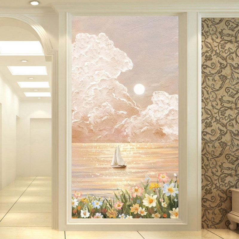 现代法式入户玄关装饰画轻奢竖版无缝走廊过道奶油风景壁画3d壁纸