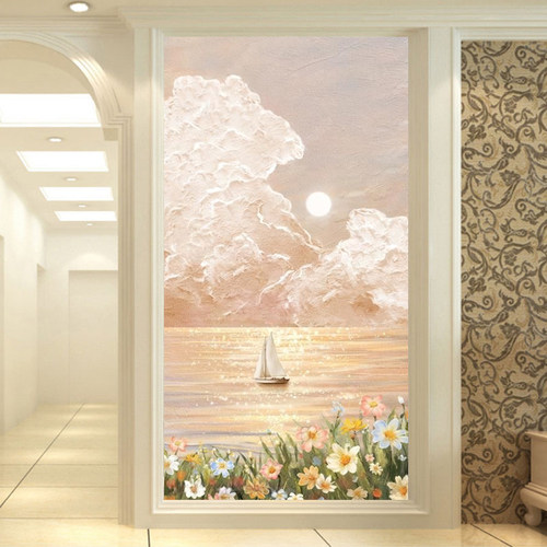 现代法式入户玄关装饰画轻奢竖版无缝走廊过道奶油风景壁画3d壁纸