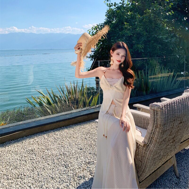 CYNR原创设计度假风辣妹套装串珠挂脖抹胸上衣垂感飘逸不规则长裙