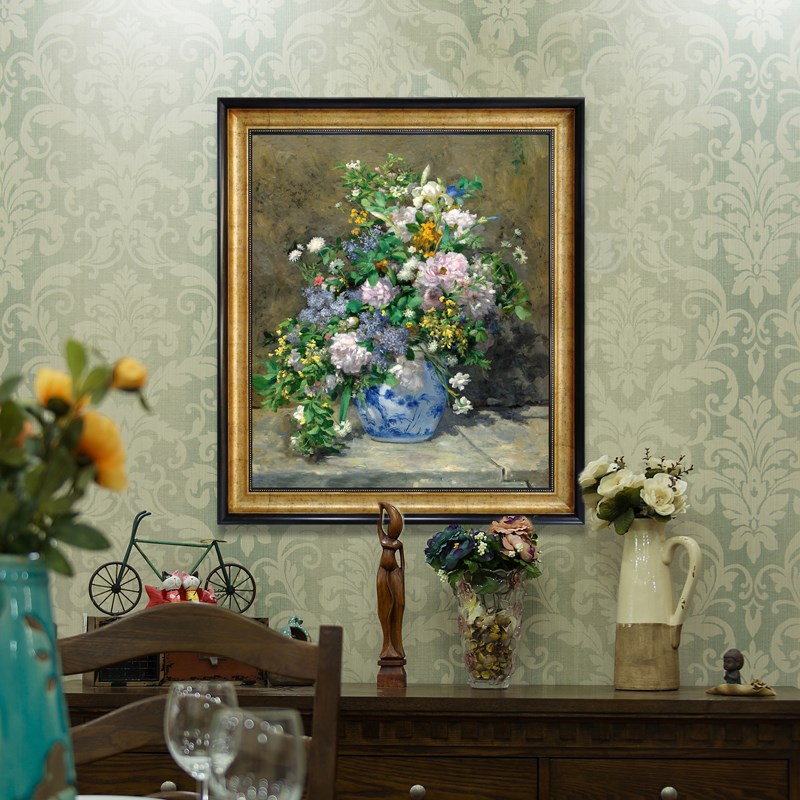 速发春之牡丹玫瑰欧式美式餐厅花卉纯手绘油画古典蓝色青花瓷装饰图片