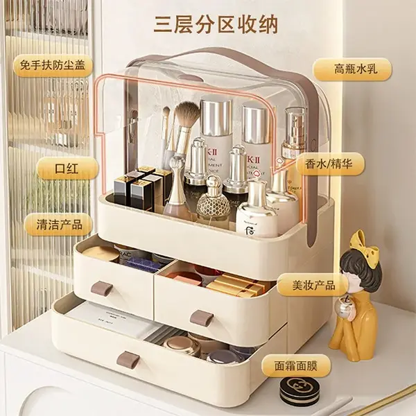 化妆品收纳盒宿舍桌面防尘整理箱梳妆台护肤品置物架带盖化妆盒