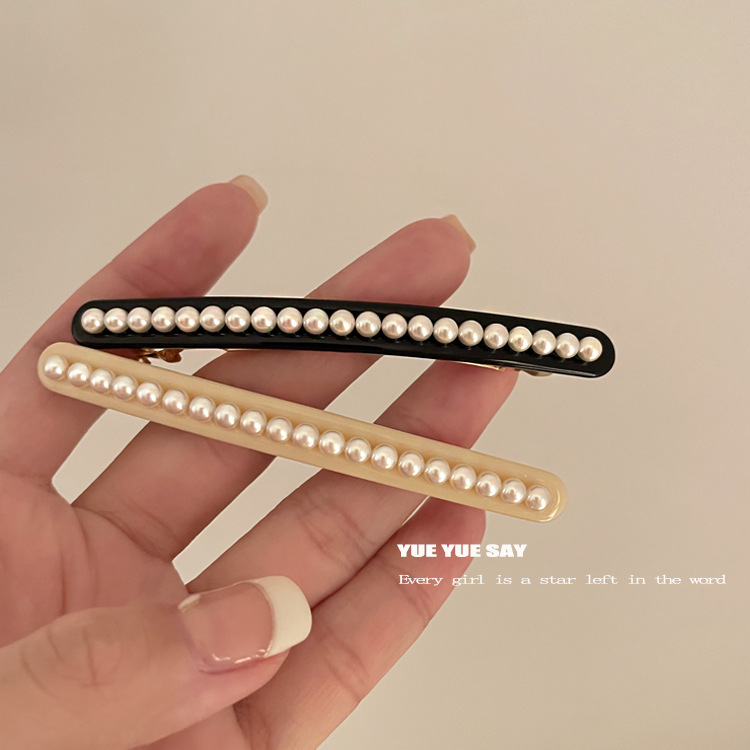 奶香法式少女珍珠发夹一字简约