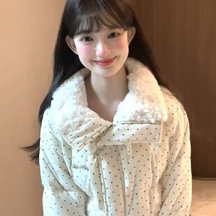 跨境韩系甜美风波点毛领羽绒棉服外套女秋冬季宽松加厚保暖外贸面
