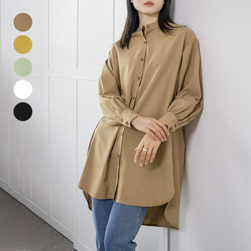 日韩新品 春夏纯色宽松衬衫女中长款大版女式衬衣亚马逊跨境新款