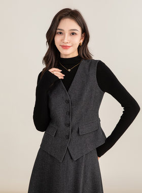 鑫阁醋酯羊毛秋冬格雷系灰色西装马甲背心女秋季无袖坎肩外套叠穿