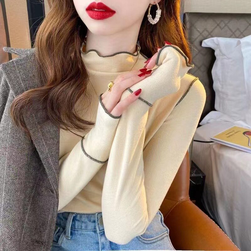 长袖德绒木耳边双面衣女秋季长款修身上衣t恤可外穿半高领打底衫