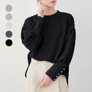 日韩新品 5色春秋灯笼袖卫衣女式珍珠扣纯色宽松上衣女亚马逊爆款