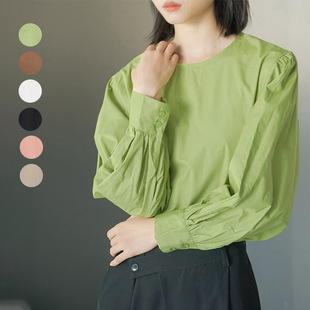 实拍 乐天新款春秋圆领衬衫女式韩版灯笼袖后背纽扣纯棉衬衣 跨境