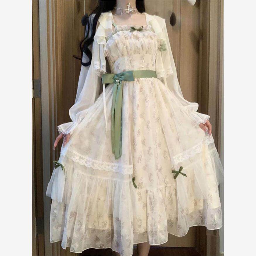 法式碎花吊带连衣裙女夏季新款中长款甜美公主裙子防晒开衫两件套