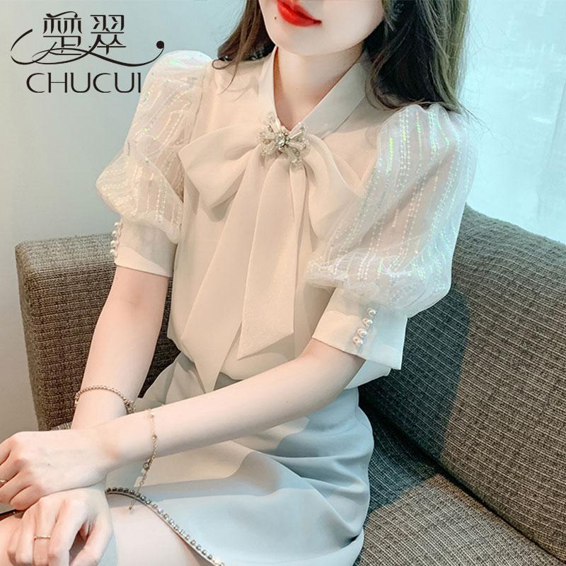 雪纺短袖衬衫女士夏季减龄洋气小衫2025新款爆款T恤衫泡泡袖上衣