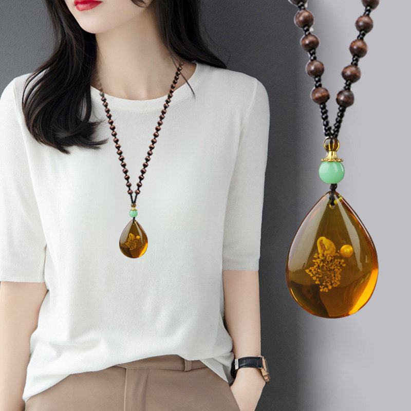 复古蜜蜡项链琥珀平安扣吊坠长款毛衣链衣服挂件民族风秋冬配饰品