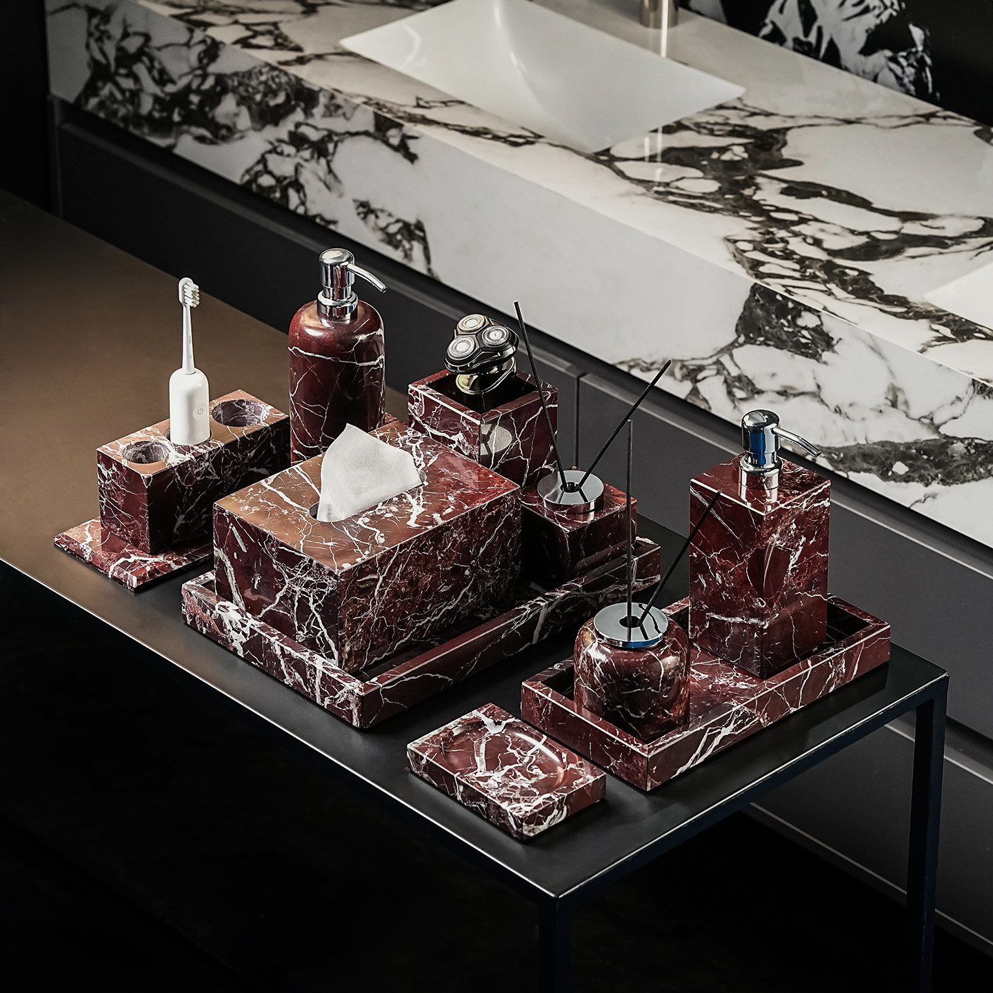 紫罗红大理石浴室洗漱用品套件卫生间高级感软装复古天然奢石摆件