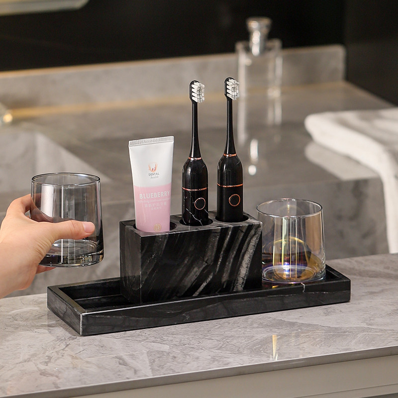 天然大理石电动牙刷置物架浴室高级感漱口杯套装洗漱台牙具收纳层
