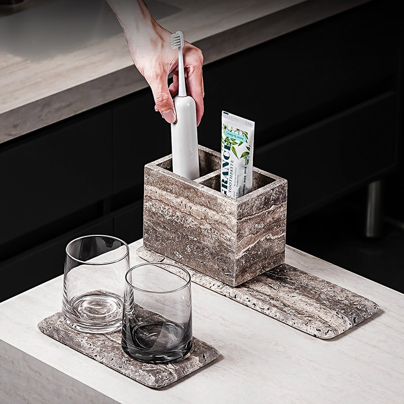 天然银灰洞石侘寂风卫生间牙刷架