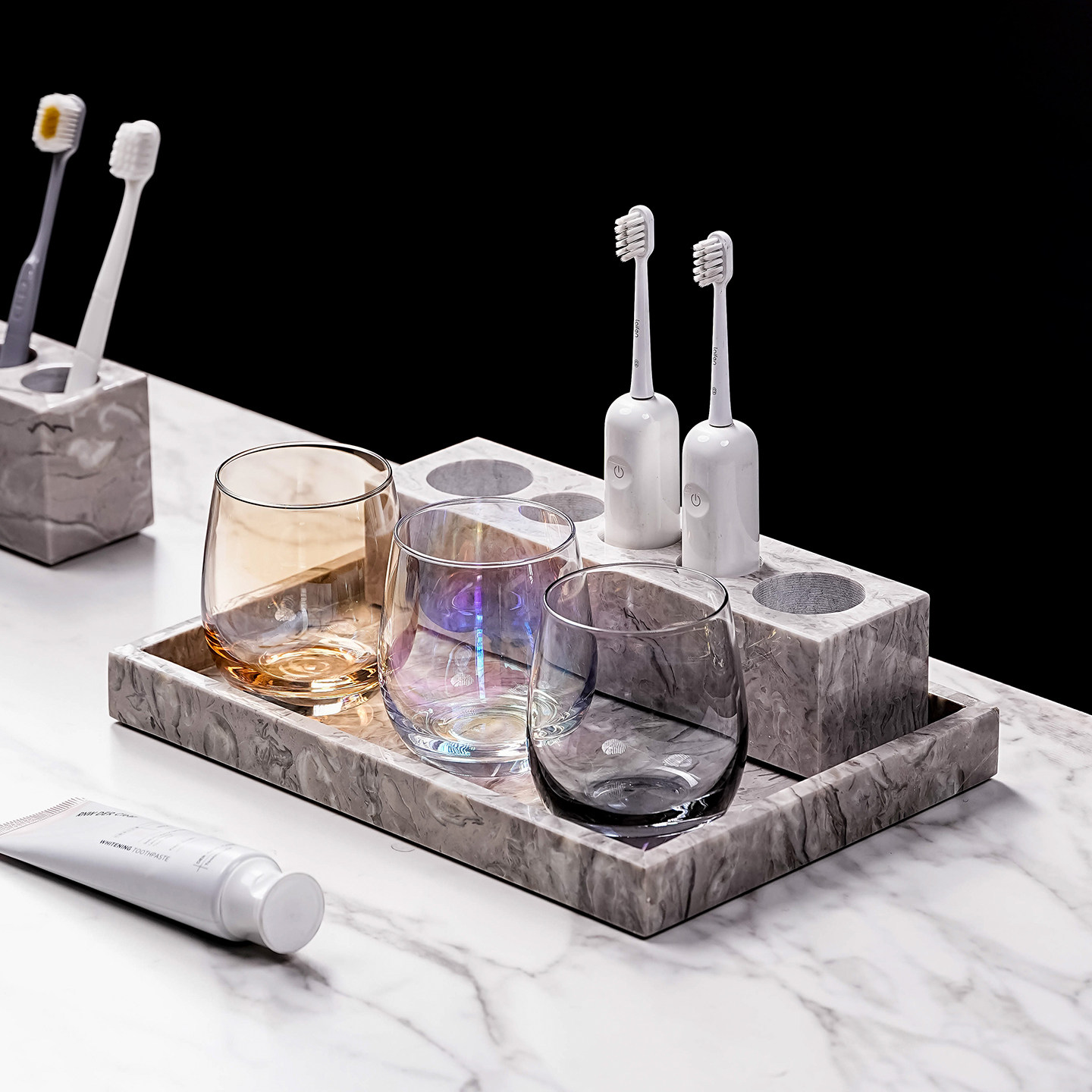 高级感大理石电动牙刷置物架情侣漱口杯收纳套装卫生间大理石摆件