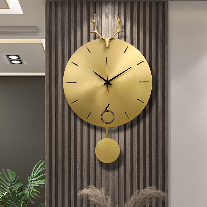 客厅简约静音免打孔高档黄铜挂钟
